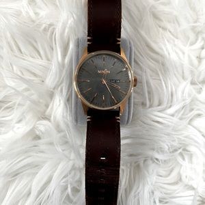 Nixon Sentry Time Teller Watch Rose Gold/Gun Metal/ Brown Leather